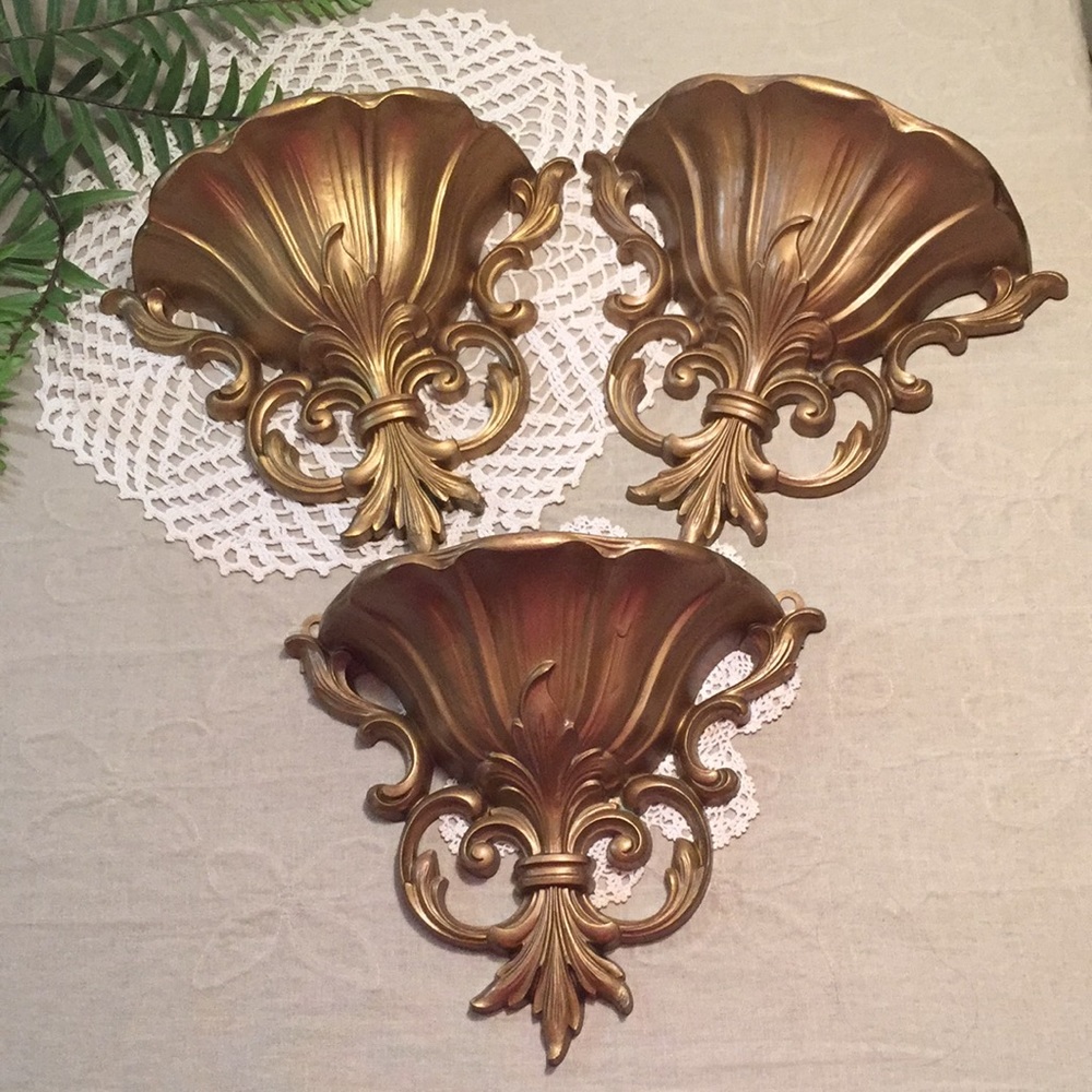 Vintage Mid Century Scrolled Wall Pocket Planters Set